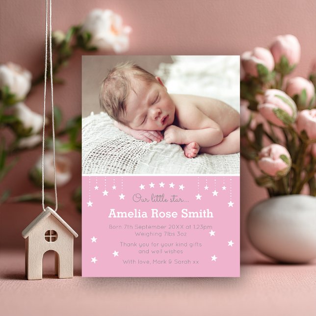 New baby girl announcement/thank you card (A sweet way to introduce your little star 🌟 Personalize this pink photo announcement to share your )