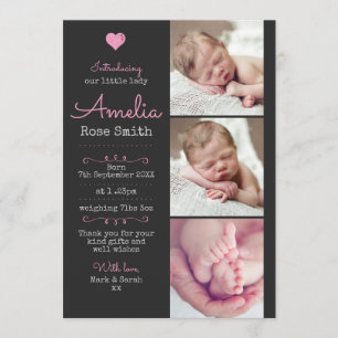 New baby girl announcement/thank you card A5