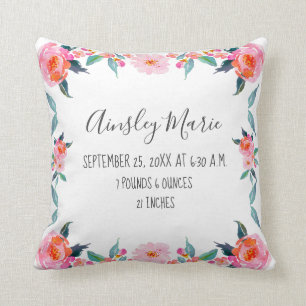 New Baby Girl Birth Stats Pink Rose Floral Border Cushion
