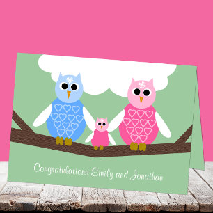 New Baby Girl Congratulations Card with Owl Family