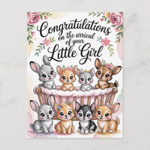 New Baby Girl Congratulations with Forest Animals Postcard