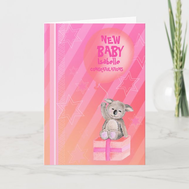 New baby girl cute Koala Card pink orange (Front)