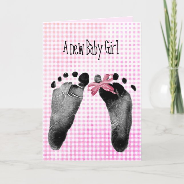 New Baby Girl Footprints On Gingham Card (Front)