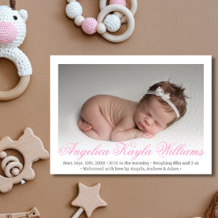 New Baby Girl Newborn Birth Stats Pink PHOTO Announcement