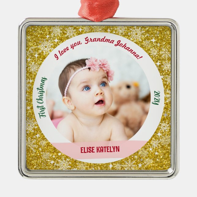 New Baby Girl Photo 1st Christmas Grandma Golden Metal Tree Decoration (Front)