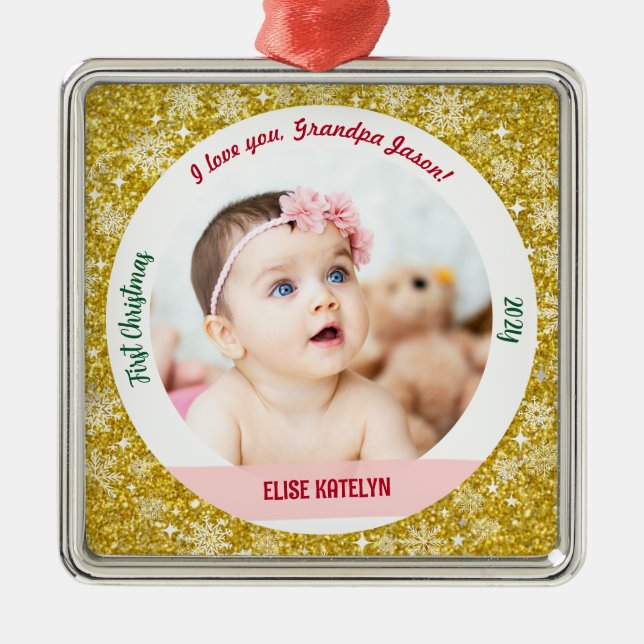 New Baby Girl Photo 1st Christmas Grandpa Golden Metal Tree Decoration (Front)