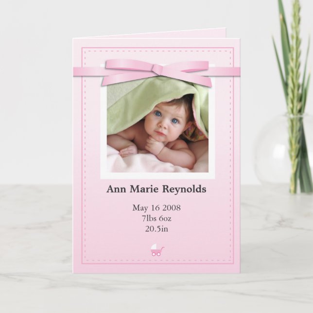 New Baby Girl Photo Pink Announcement Card (Front)
