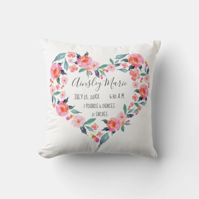 New Baby Girl Pink Rose Floral Heart Birth Stats Cushion (Front)