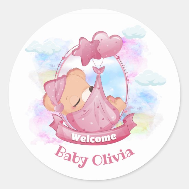 New Baby Girl Pink Teddy Bear Balloons Classic Round Sticker (Front)
