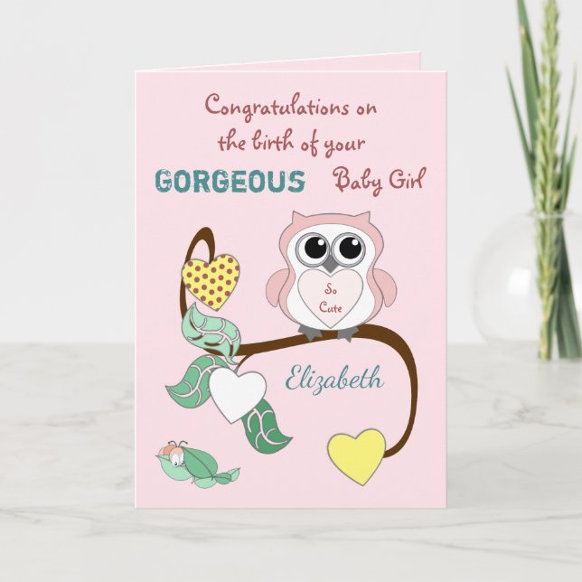 New Baby Girl Pink with a cute owl Card (Front)