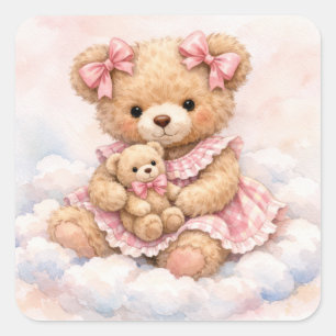 New Baby Girl Teddy Bear Square Sticker