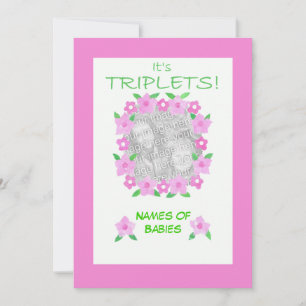 New Baby Girl Triplets Announcement Photo Card