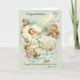 New Baby Girl with Angels, Cross, Pink Roses Card