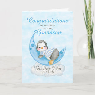 New Baby Grandson  Blue Penguin Moon Card