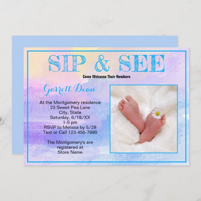 New Baby In Blue "Sip and See" Custom Photo Party Invitation (Front/Back)