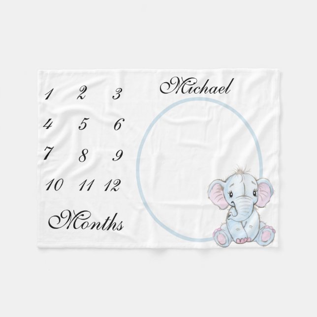 New Baby Infant Milestone Blue Elephant Photo Fleece Blanket (Front (Horizontal))