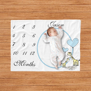 New Baby Infant Milestone Blue Giraffe Photo Fleece Blanket