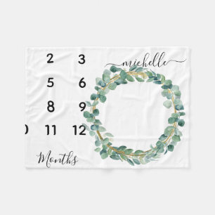 New Baby Infant Milestone Eucalyptus Wreath Leaves Fleece Blanket