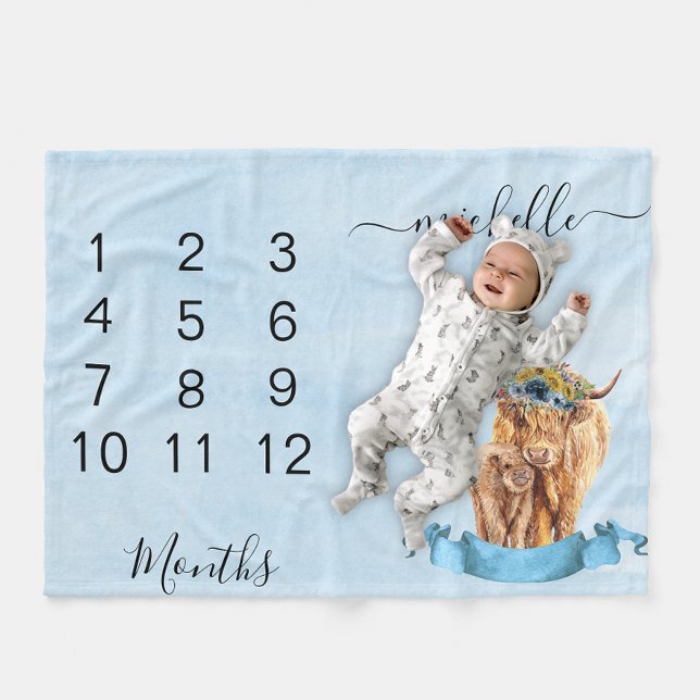 New Baby Infant Milestone Highland Cow Blue Fleece Blanket (Creator Uploaded)