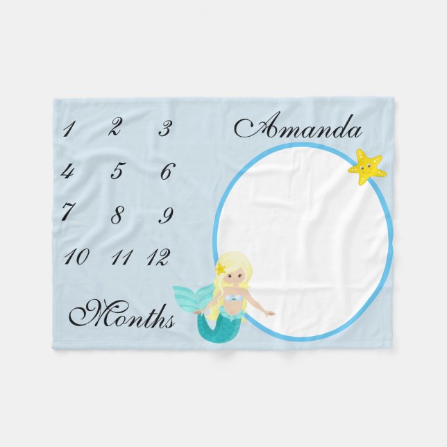 New Baby Infant Milestone Mermaid Keepsake Photo Fleece Blanket (Front (Horizontal))
