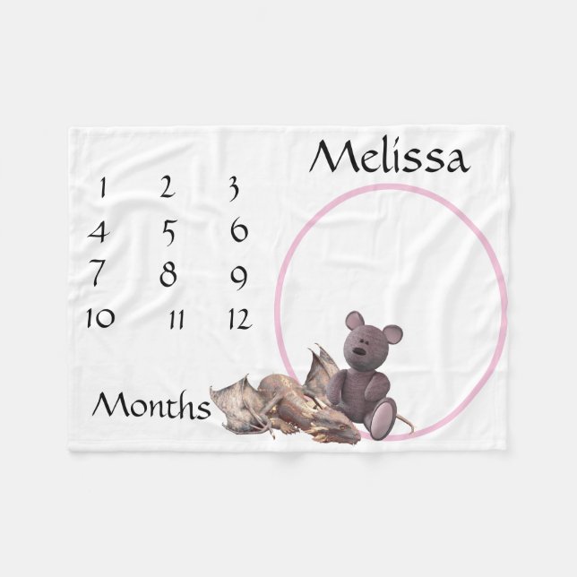 New Baby Infant Milestone Pink Dragon Teddy Bear Fleece Blanket (Front (Horizontal))