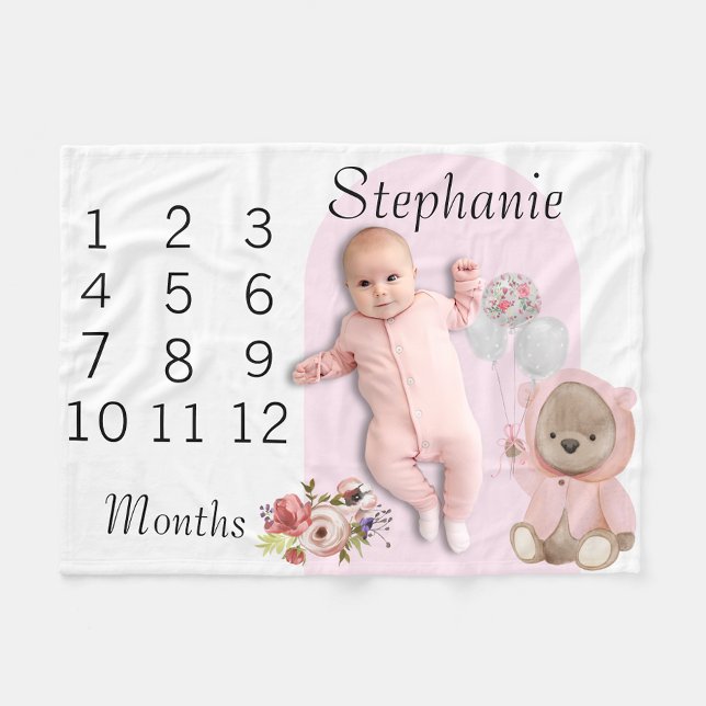 New Baby Infant Milestone Pink Teddy Bear  Fleece Blanket (Creator Uploaded)