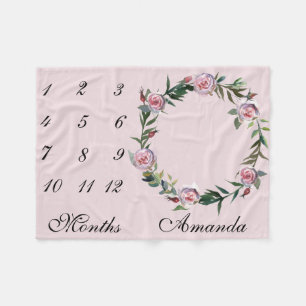 New Baby Infant Milestone Rose Wreath Pink Photo Fleece Blanket