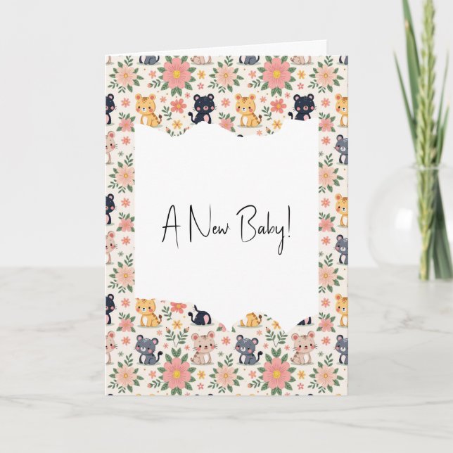 New Baby Jungle Cats and Flowers Card (Front)