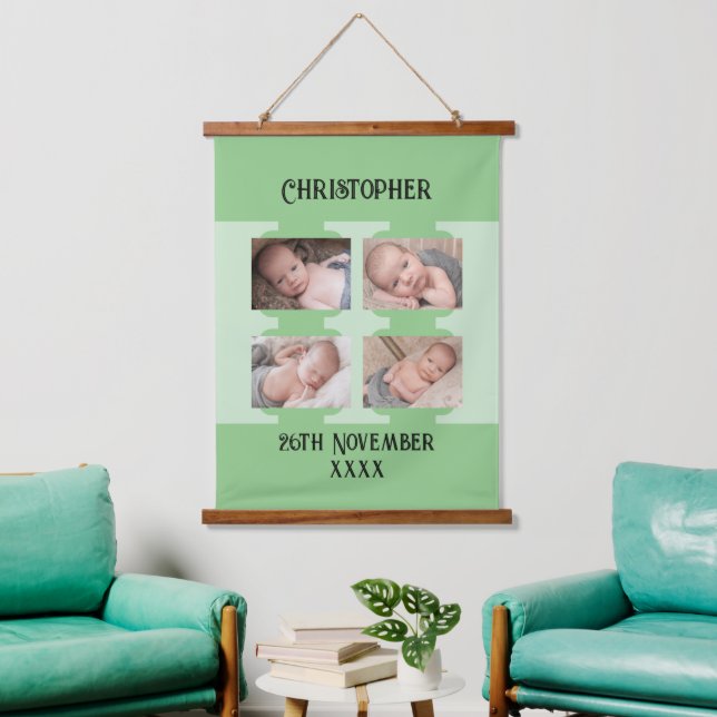 New baby name 4 photos date of birth green hanging tapestry (Living Room)