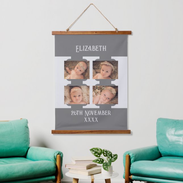 New baby name 4 photos date of birth grey hanging tapestry (Living Room)