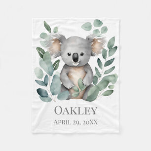 New Baby Name Birth Date Koala Bear  Fleece Blanket