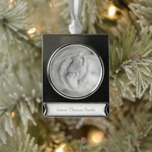 New Baby NAME Black White PHOTO Timeless Keepsake Silver Plated Banner Ornament