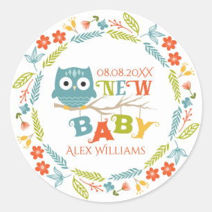 New Baby & Owl Colourful Floral Wreath Kids design Classic Round Sticker