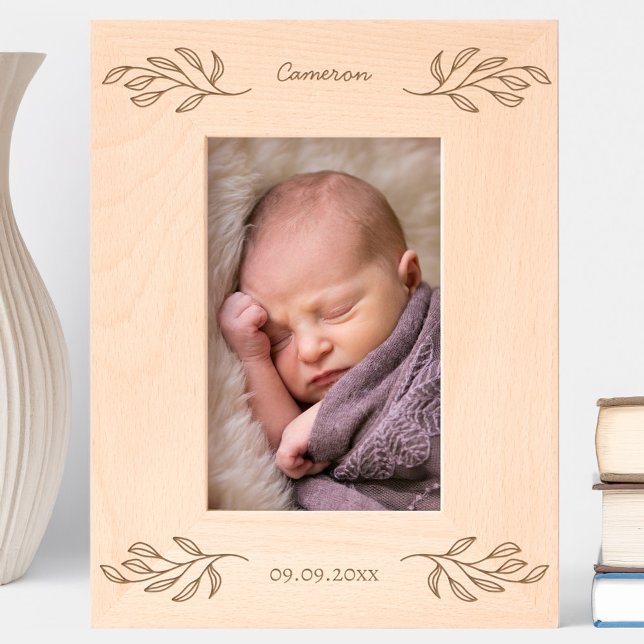 New Baby Personalised Name Date Botanical Leaves Etched Frames (New baby name date botanical leaf elegant etched wooden photo frame)