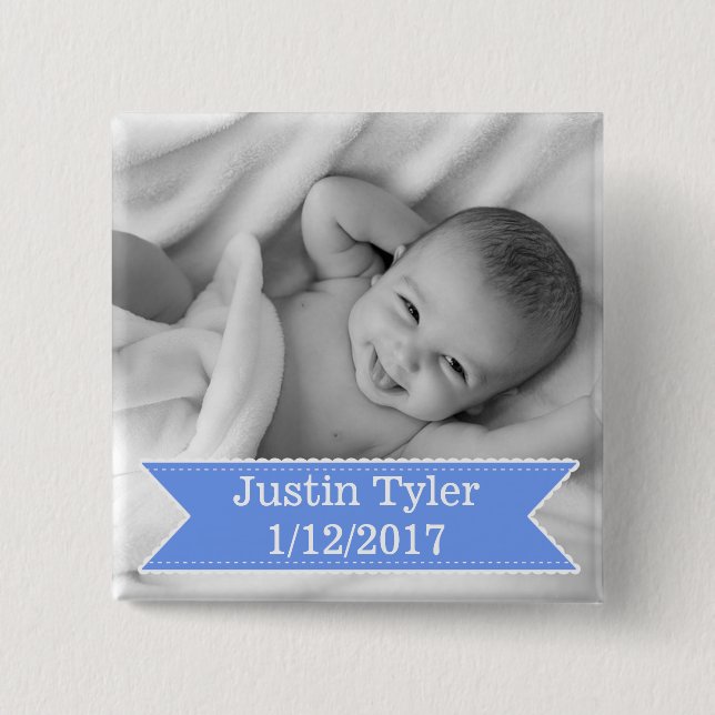 New Baby Photo and Name Blue Boy Button (Front)