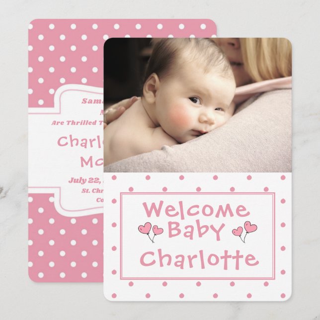 New Baby, Photo Announcement, Pink Polka-Dot, Invitation (Front/Back)