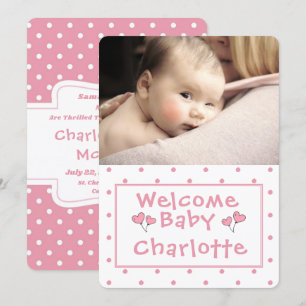 New Baby, Photo Announcement, Pink Polka-Dot, Invitation