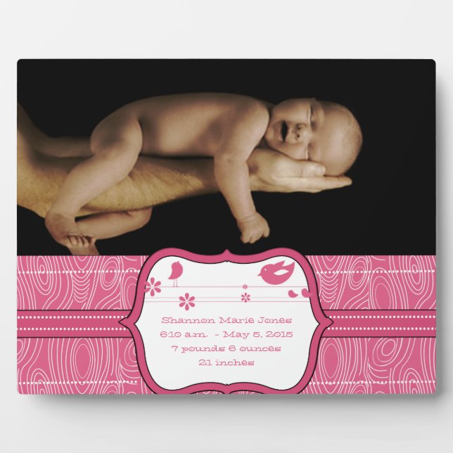 New Baby Photo Cute Pink Wood Grain Cute Birds Plaque (Front)