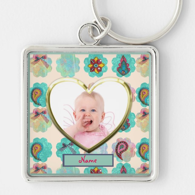 New Baby Photo Gift Scrapbooking paisley Photo Key Ring (Front)