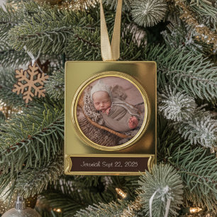 New Baby Photo Keepsake Name Date Christmas Gold Plated Banner Ornament