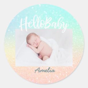 New Baby Photo Modern Rainbow Glitter Classic Round Sticker