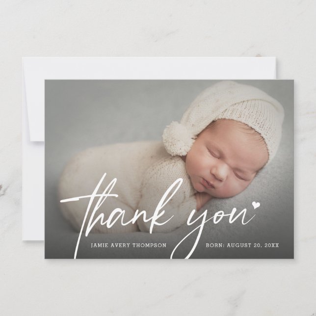 New Baby Photo Modern script heart Birth Thank You Card (Front)