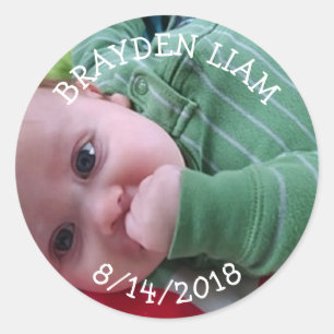 New Baby Photo, Name Birth date  Boy Announcement Classic Round Sticker