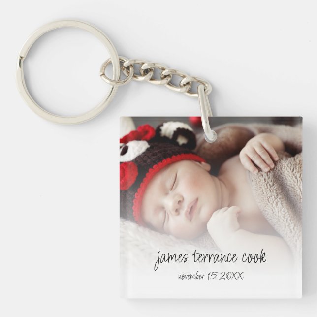 New Baby Photo Overlay Keepsake Birth Announcement Key Ring (Front)