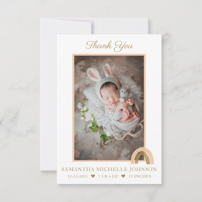 New Baby Pink Boho Rainbow Photo Thank You Card (Front)