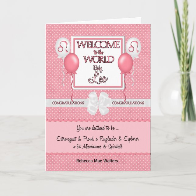 New Baby Pink Girl Leo Congratulations Card (Front)