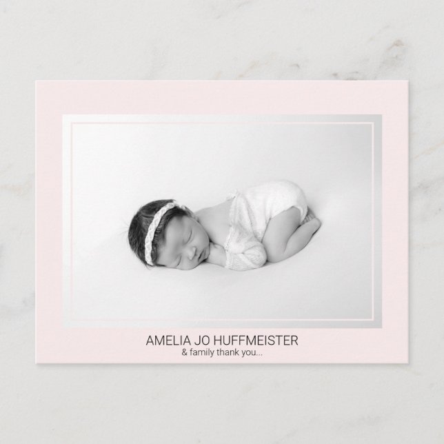 New Baby Pink Modern Thank You B/W Photo Postcard (Front)