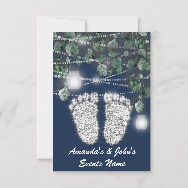 New Baby SHOWER Feet Glitter Silver Girl Boy Navy Invitation (Back)