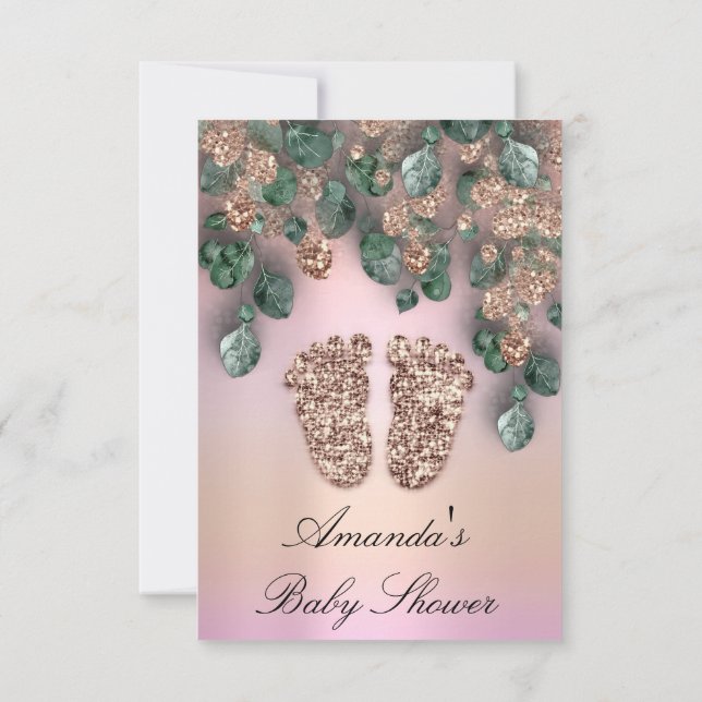 New Baby Shower Glitter Feet Rose Glitter Leaves  Invitation (Back)