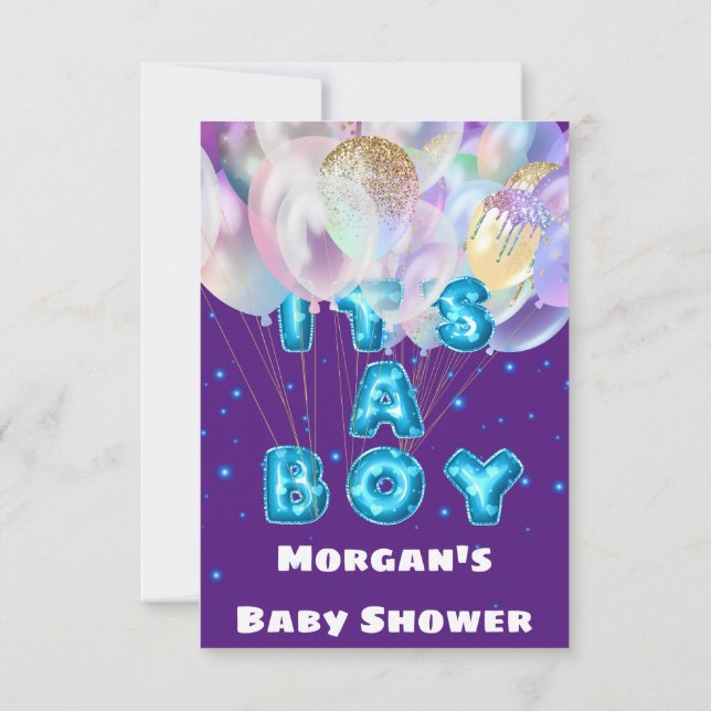 New Baby Shower It's A Boy Blue Balloons Purple Invitation (Back)
